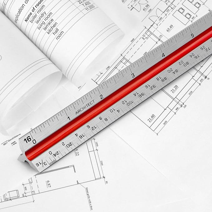 12" Architectural Scale Ruler Aluminum Architect Scale Triangular Scale Ruler for Architects, Draftsman, Students and Engineers, Color-Coded (1 Pack)