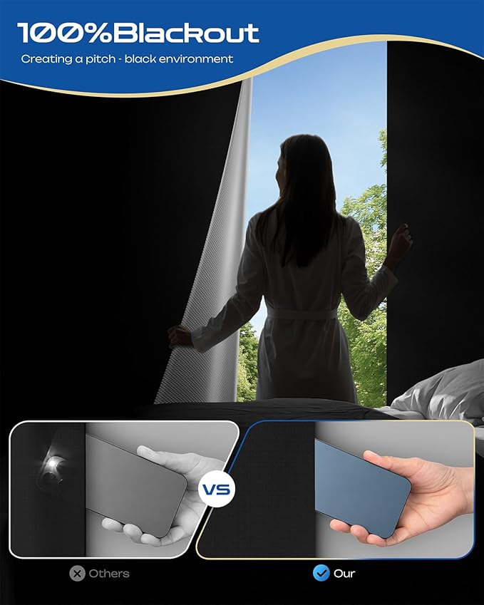 58" W x 72" L 100% Blackout Curtains, Total Darkness No-Drill Black Out Window
