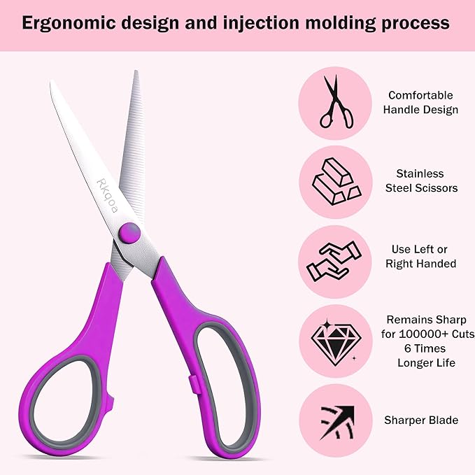 Scissors Set of 6 Bulk, Rkqoa 8" All Purpose Scissors Pack - with Ultra Sharp Blades and Comfort Grip Handles for School Office Classroom Everyday Use, Adult Size Scissor