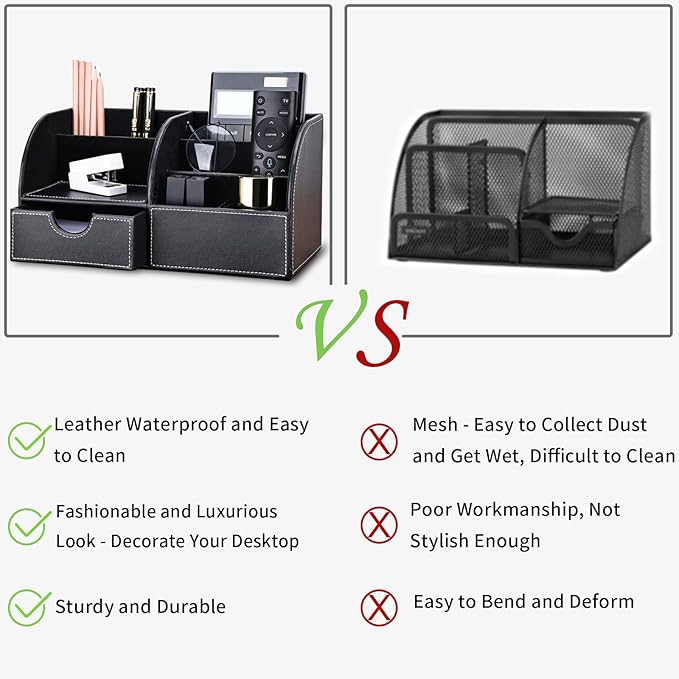 KINGFOM Pu Leather Desk Organizer Pen Pencil Holder Office Supplies Caddy Storage Box 6 Compartments with Drawer Black (Full Pu Leather)