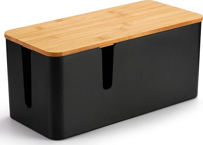 ZhiYo Bamboo Lid Cord Organizer Box, Safe ABS Cable Management Box for TV and Computer, Wood Cover Cord Hider to Hide Wires, Router, USB Hub & Under Desk Power Strip, 1 Pack L13.1 xW5.6 xH5.6 Black