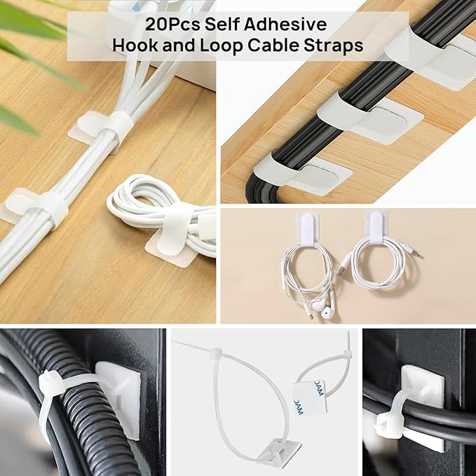 193 PCS Cable Management Kit - 4 Cable Sleeve, 57 Self Adhesive Cable Clips, 12 Hanging Strips, 12 Cable Organizer Straps and 100 Fastening Cable Ties for TV Computer Under Desk (White)