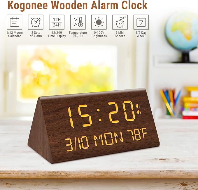 Kogonee Wooden Digital Alarm Clock, 0-100% Dimmer, 2 Alarm Settings, Weekday/Everyday Mode, 9 Mins Snooze, 12/24H, Temperature and Date Display for Office, Travel, Bedroom Alarm Clock (Brown)