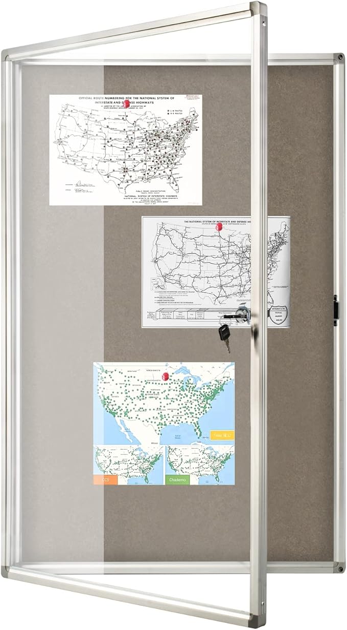 Enclosed Bulletin Board Lockable Display Case Message Board with Locking Door for Indoor, Grey Felt, Aluminum Frame, 36 X 24 in