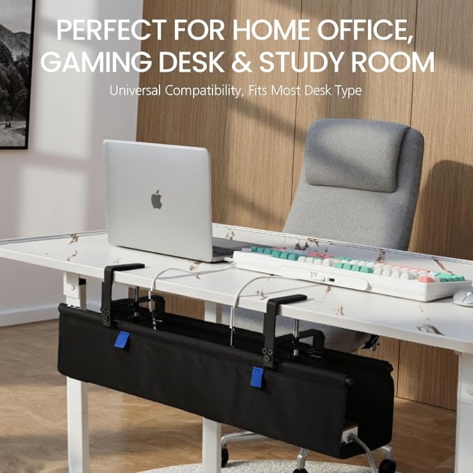 28" Under Desk Cable Management Tray- Clamp/Screw Mount Desk Cable Organizer Cable Tray Hiders for Office&Home