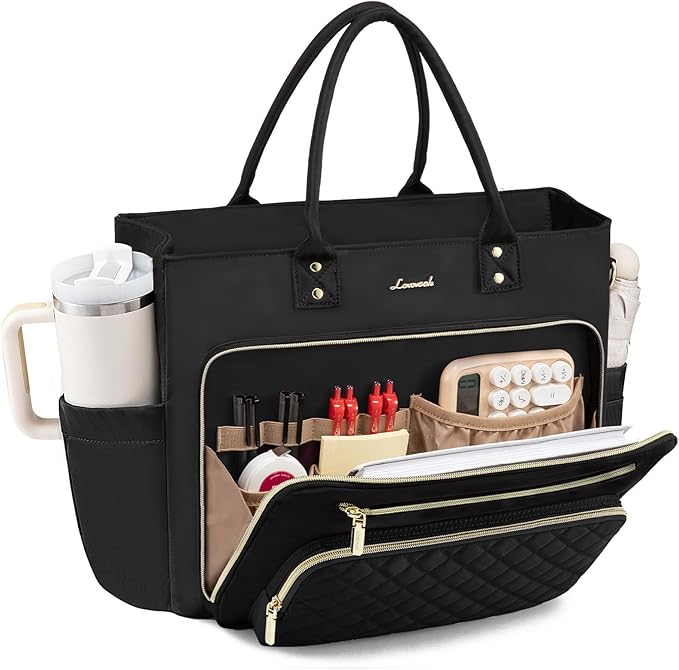 LOVEVOOK Teacher Tote Bag for Women Work, Laptop Bag Work Tote Bag Nurse Bags With Large Cup Holder, Professional Computer Briefcase Business Large Purses Handbag, Diaper Bag Mother Gift, Black