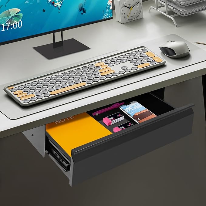 FFanhia 16 Inch Under Desk Mounted Sliding Pull-out Drawer Storage for Sit Stand Workstation Office(Applicable Table Thickness: 0.79in) Black