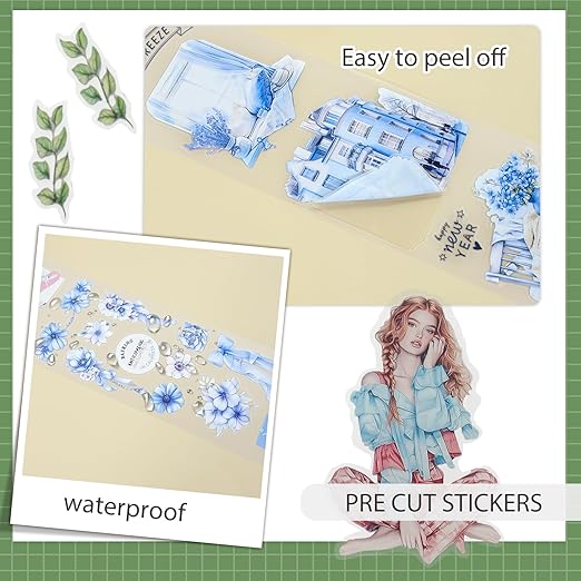 Snycler Pre-Cut Blue Mood Themed PET Washi Tapes - Vintage Aesthetic Tape Stickers for Journaling, Scrapbooking, Junk Journals, Crafts, Planners - 4 Rolls