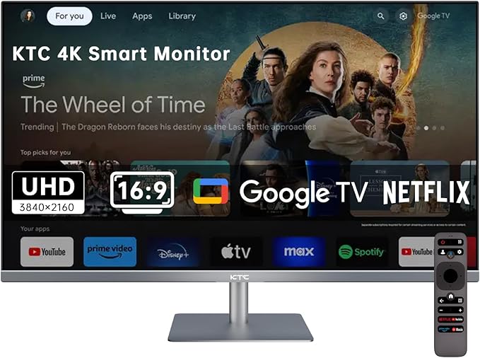 KTC 32 Inch 4K Smart Monitor, Google System UHD (3840x 2160) Smart Monitor with Speakers, Netflix Licensed, Type-C 65W PD, WirelessDisplay, HDR, Bluetooth, Hey Google Voice Remot, VESA Support, A32Q8