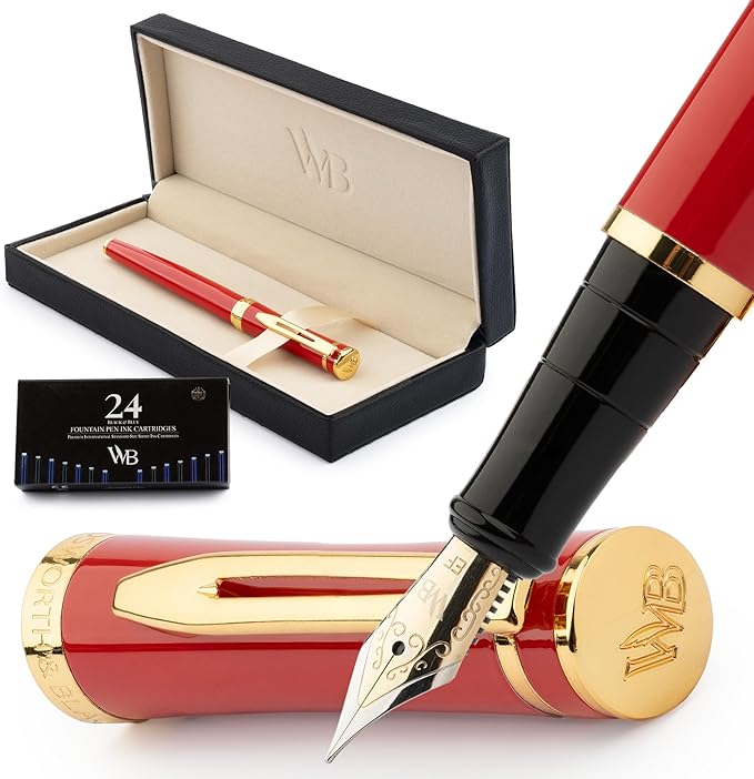 Wordsworth & Black Fountain Pen Set, 18K Gilded Extra Fine Nib, Includes 24 Pack Ink Cartridges, Ink Refill Converter & Gift Box, Gold Finish, Calligraphy, [Crimson Red], Perfect for Men & Women