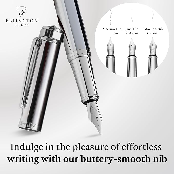 Ellington Pens Luxury Fountain Pen Set - Smooth Medium Nib- Includes 3 Ink Cartridges, Refillable Ink Converter, Gift Box- Fountain Pens For Writing, Calligraphy, Journaling, Sketching (Silver Sonata)