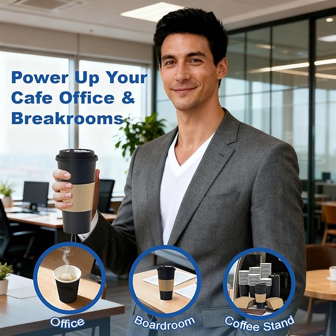 Coolcap 12 oz 100 Pack Coffee Cups with Lids and Sleeves, Straws, Hot Disposable To Go Travel Paper Cups Bulk for Office, Home Coffee Bar Accessories, Chocolate, Cocoa, Beverage (Black)