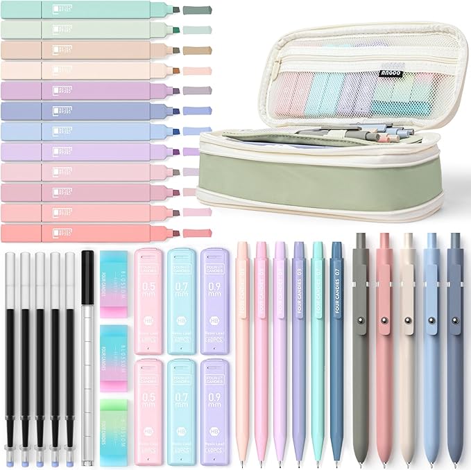 Four Candies 39 PCS Aesthetic School Supplies with Cute Pen Case, 12 Pastel Highlighters, 5 Black Ink Gel Pens, 6 Mechanical Pencils Set for Students Stationary College Essentials (Green)