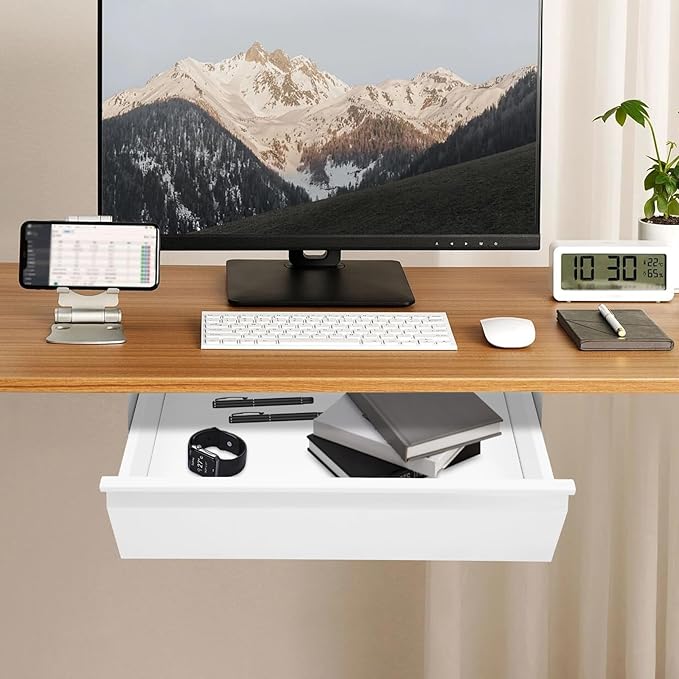 FFanhia 16 Inches Under Desk Mounted Sliding Pull-out Drawer Under Desk Storage Drawer for Sit Stand Workstation Office Desk(Applicable Table Thickness: 0.79in) White