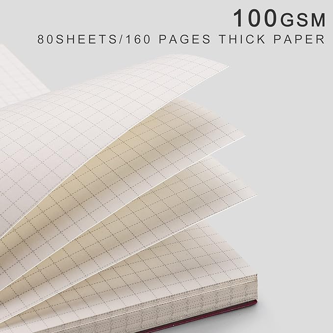EMSHOI Graph Spiral Notebook 4 Pack, A5 Graph Paper Notebook/Journal, Waterproof PVC Cover, 100GSM Thick Paper, with Free Sticky Notes, 80 Sheets/160 Pages Per Book, 5.7" x 8.22", Coffee Blue