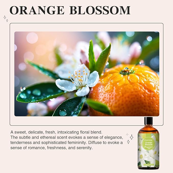 100ML/3.38fl.oz Orange Blossom Fragrance Oils, PHATOIL Orange Blossom Oil for Diffuser, Humidifier, Scented Oils for DIY Soap, Candle Making with Premium Glass Dropper