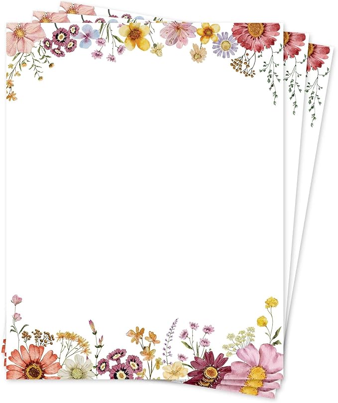 Flower Paper Stationery, Floral Letterhead Paper 8.5 x 11 Inches, 50 Sheets, Elegant Writing Paper, Pretty Stationary Paper, Decorative Printer Papr, Spring Wildflower Letter Paper Set