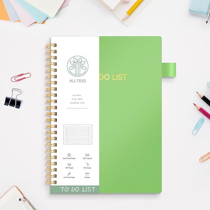 ALLTREE To Do List Notepad Spiral Planner, Daily Task Tracker with Wide lined Notebooks, Work Planner with Pocket, Pen Loop, 160 Pages, Green (5.5"x8.5")