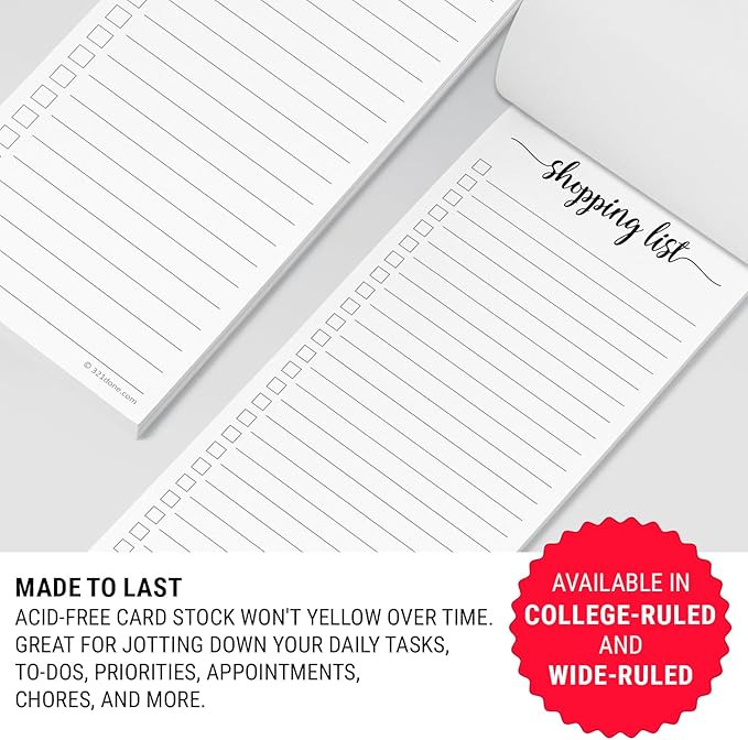 321Done 2-Pack Slim Shopping List Notepad, Made in USA - 3.7x8.5, College Ruled, Minimalist Stylish Handheld Grocery List, Store, Market, Pad for Planning, Organizing, Meal Prep - 50 Sheets per Pad