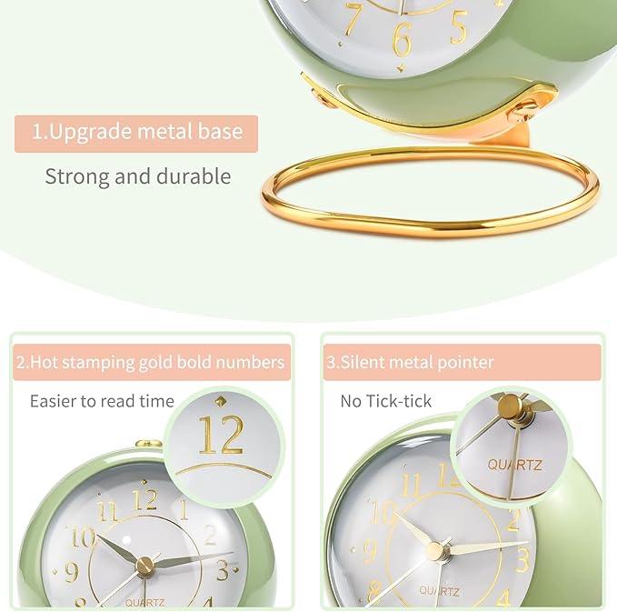 Tetino Analog Alarm Clocks,Retro Backlight Cute Simple Design Small Desk Clock with Night Light,Silent Non-Ticking,Battery Powered,for Kids,Bedroom,Travel,Kitchen,Bedside Desktop. (Black)
