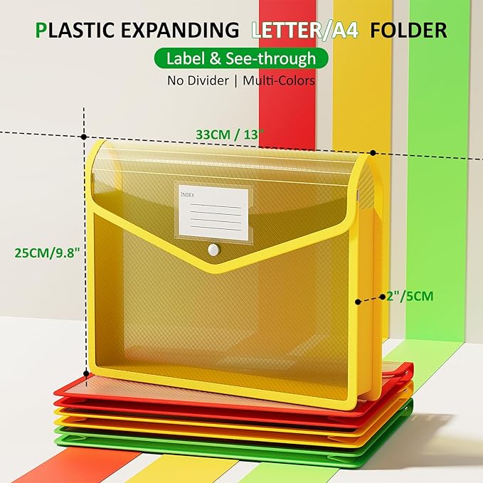 ThinkTex Plastic Expanding File Folder, Transparent envelopes with Snap Closure,No Dividers,Large Capacity,Document Organizer for Receipts, Bills&Taxes,Letter/A4 Size for School/Office/Home-3 Pack