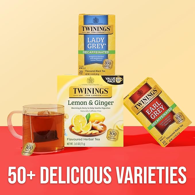 Twinings Decaffeinated Lady Grey Black Tea Individually Wrapped Bags, 20 Count (Pack of 1), Orange Peel & Lemon Peel, Enjoy Hot or Iced, 20 Teabags