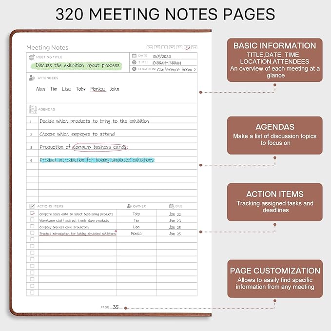 EMSHOI Meeting Notebook for Work with Action Items - 320 Pages B5 Thick Project Planner Agenda Organizer Work Notebook for Women Men Office Business, PU Leather Hardcover, 7.5" x 10", Gray Blue