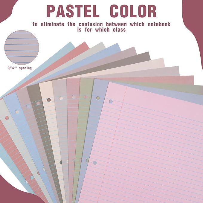 PerKoop 600 Sheets Colored Loose Leaf Paper 8.5" x 11" college ruled Lined 3 Hole Punched notebook Filler Paper for 3 Ring Binders Office School Supplies (Sweet Color)
