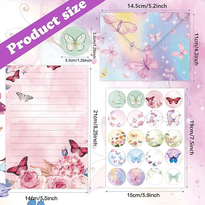160 Pcs Stationery Paper Envelopes Set Includes 50 Lined Writing Paper & 50 Envelopes with 60 Colorful Round Dot Stickers, Cute Vintage Butterfly Letter Writing and Stationery Paper Envelopes(10Style)