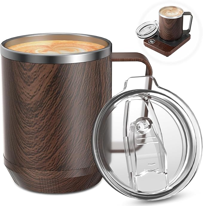Felibeaco 16oz Heated Coffee Mug With Flat Bottom for Rapid Heating, Stainless Steel Cup for Different Warmer/Heaters, Suitable for Home and Office Desk, Wood, No Warmer