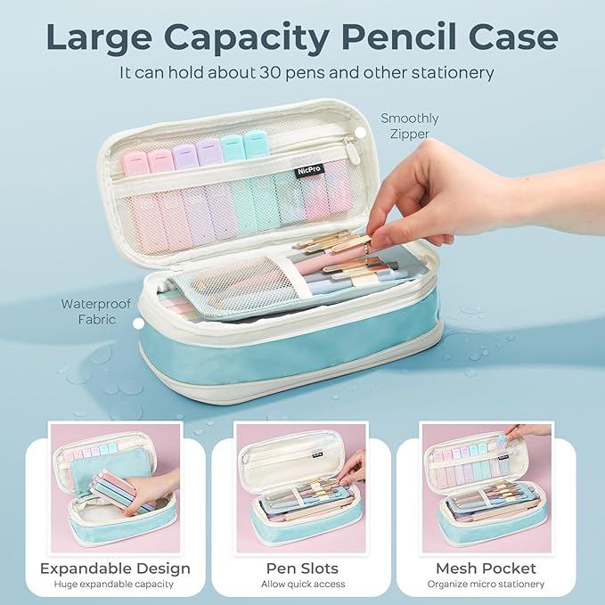 Nicpro 39 PCS Aesthetic School Supplies with Cute Pen Case, 12 Pastel Highlighters, 5 Black Ink Gel Pens, 6 Mechanical Pencils Set 0.5 & 0.7mm for Students Stationary College Essentials (Blue)