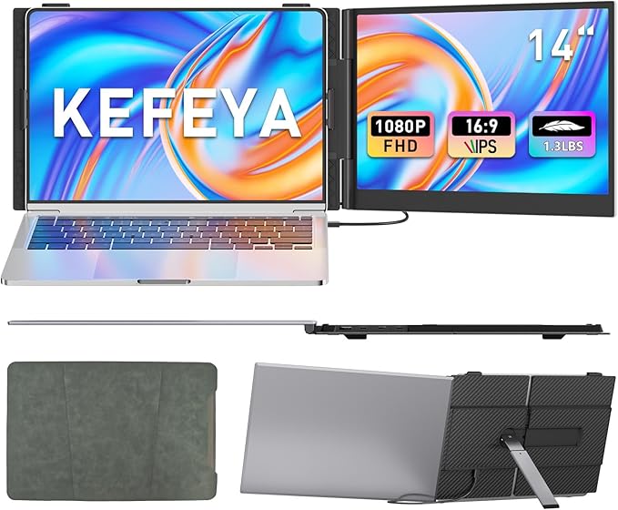 KEFEYA Laptop Screen Extender, 14" FHD 1080P Portable Monitor for Laptops, 0.19" Ultra-Thin Laptop Monitor Extender for 13-17" with USB-C/HDMI Port, Plug n Play for Windows/Mac/Android/Switch/PS5