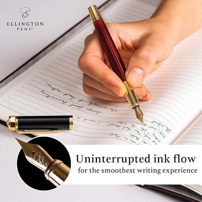 Ellington Pens Luxury Fountain Pen Set - Smooth Medium Nib - Includes 3 Ink Cartridges, Refillable Ink Converter, Gift Box-Fountain Pens For Writing, Calligraphy, Journaling, Sketching (Crimson Blend)
