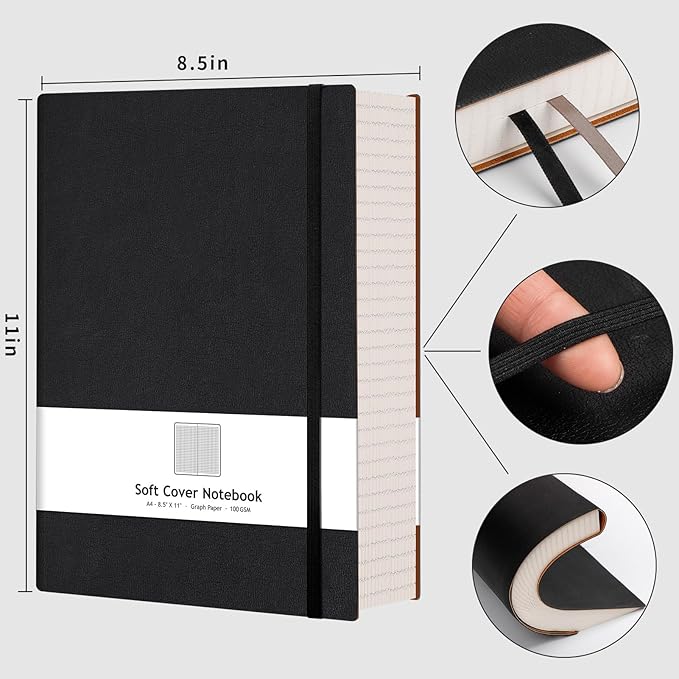 AHGXG Graph Paper Notebook - Grid Paper Notebook Large A4 8.5''×11'', 320 Pages Thick Journal, 100gsm Thick Graph Paper, Leather Softcover, Inner Pocket - Black