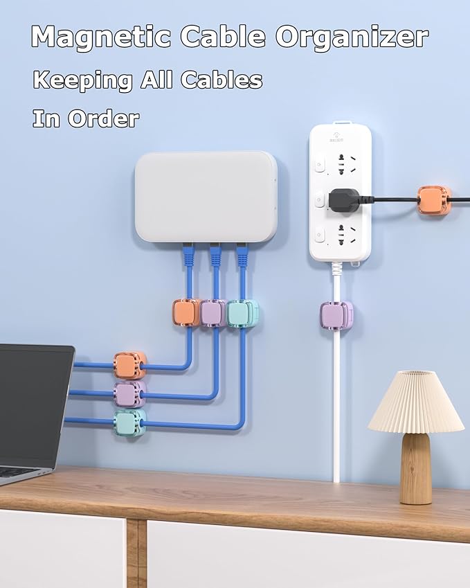 Magnetic Cable Clips, Adjustable Cord Holder Management, Adhesive Wire Keeper Organizer for Home Office Desk Phone PC Car Wall Desktop Nightstand Appliance (8-Pack Crystal Multicolor)