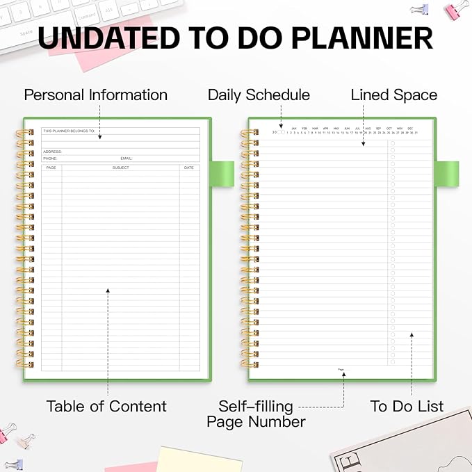 ALLTREE To Do List Notepad Spiral Planner, Daily Task Tracker with Wide Lined Notebooks, Work Planner with Pocket, Pen Loop, 160 Pages, Green (7"x10")