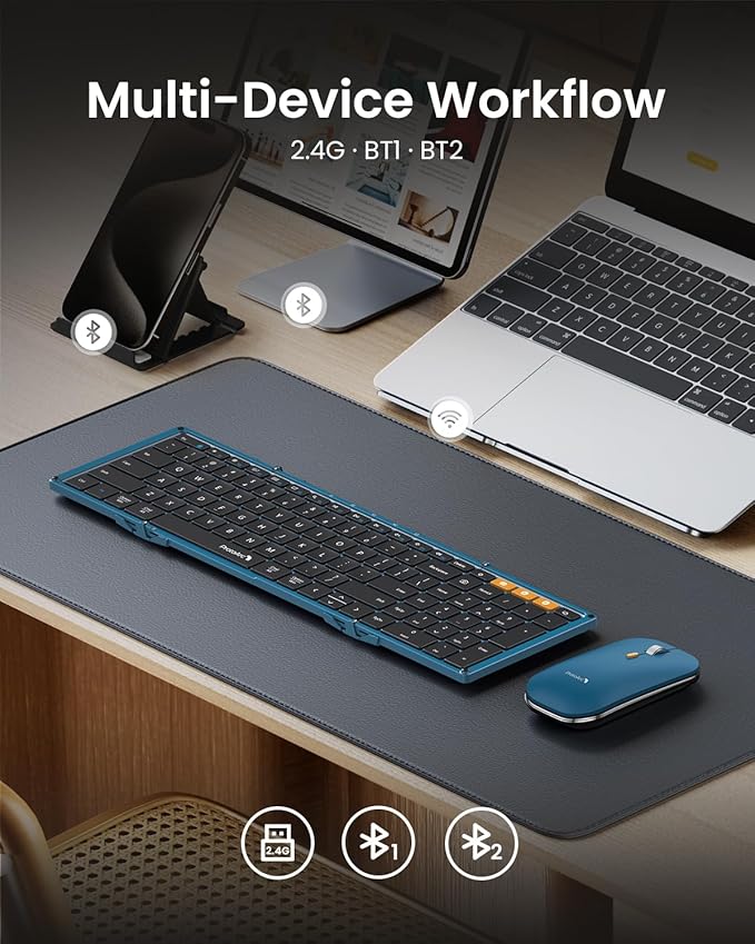 ProtoArc Foldable Keyboard and Mouse, XKM01 True Full-Size Folding Wireless Keyboard Mouse Combo for Business Travel, a Portable Office Suite On-The-Go, Compatible with Laptop iPad Tablet - Blue