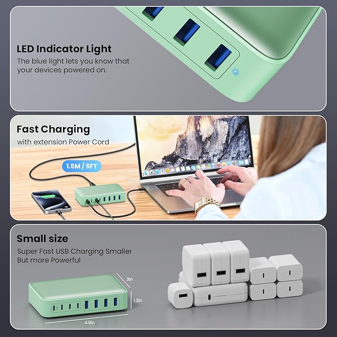 USB C Charger 200W USB C Charger Block GaN III 8-Port Fast Charging Station PD 65W Laptop Charger Adapter Compatible with MacBook Pro/Air,DELL,HP Surface,iPhone 15/14/13,Galaxy S23/22 (G)