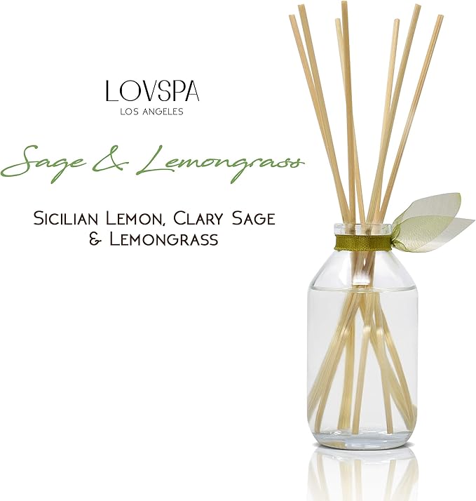 LOVSPA Reed Diffuser Set, Sage & Lemongrass Scented Oil Diffuser with Sticks, Home Fragrance Accessories for Bathroom Shelf Decor, Aroma Diffusers for Home or Office Desk, USA Made