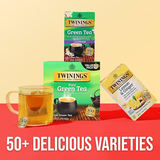 Twinings Pure Green Tea Individually Wrapped Bags, 50 Count (Pack of 6), Smooth Flavour, Enticing Aroma, Caffeinated, Enjoy Hot or Iced, 300 Teabags