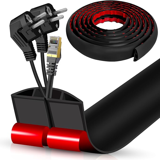 Floor Cord Cover Cavity 0.8"x0.37" Self Adhesive Cord Hider, 10FT Low Profile Cable Management, Extension Strip Protector for Wires, Prevent Cable Trips for Offices, Gyms, Exhibitions（Black）
