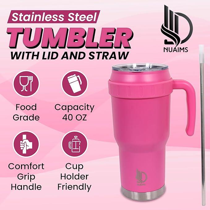 40 Oz Tumbler with Handle & Straw Lid, Insulated Stainless Steel Vacuum Flask, Double Wall Thermal Car Cup for Hot & Cold Drinks, Leak Proof, BPA Free (Light Rose Beige)