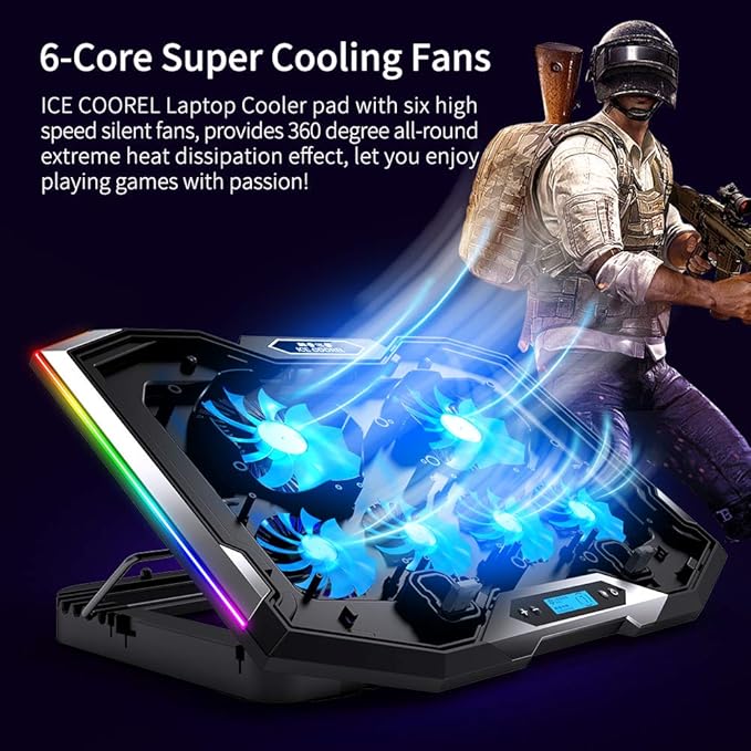 ICE COOREL Gaming Laptop Cooling Pad 15-17.3 Inch, Laptop Fan with 6 RGB Cooling Fans, Laptop Cooling Stand with 6 Height Adjustable, Laptop Cooler with LCD Screen, 2 USB Ports, Phone Stand