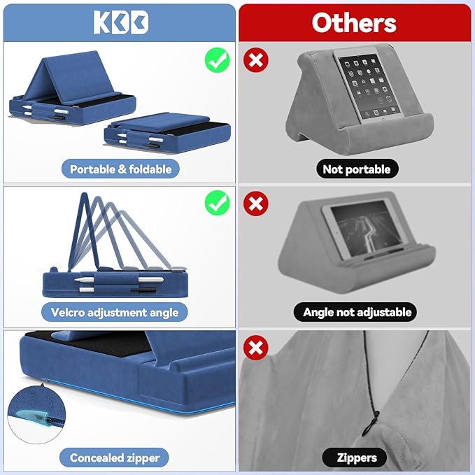 KDD Tablet Pillow Stand, Multi-Angle Viewing Ipad Holder for Lap, Bed and Desk, Foldable Soft Pad Dock with Stylus Mount Compatible with Ipad Pro 12.9, 10.5, 11, Air, Mini, Phones, Books, E-Reader