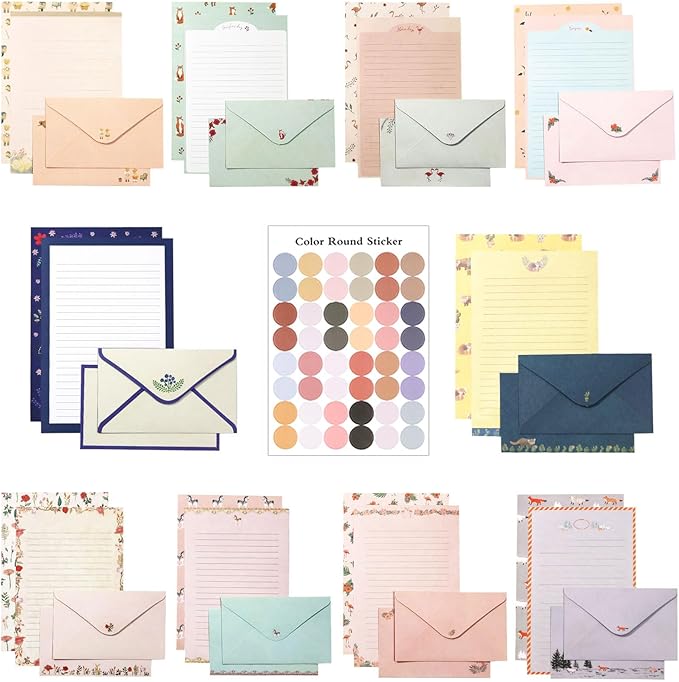 91 Pcs Stationery Paper Envelopes Set Includes 60 Lined Writing Paper & 30 Envelopes with 48 Colorful Round Dot Stickers, Cute Vintage Letter Writing and Stationery Paper Envelopes(10Style)