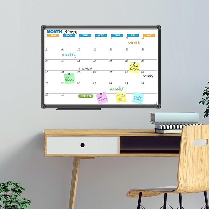 JILoffice Dry Erase Calendar Whiteboard - Magnetic White Board Calendar Monthly 24 X 18 Inch, Black Aluminium Frame Wall Mounted Board for Office Home and School