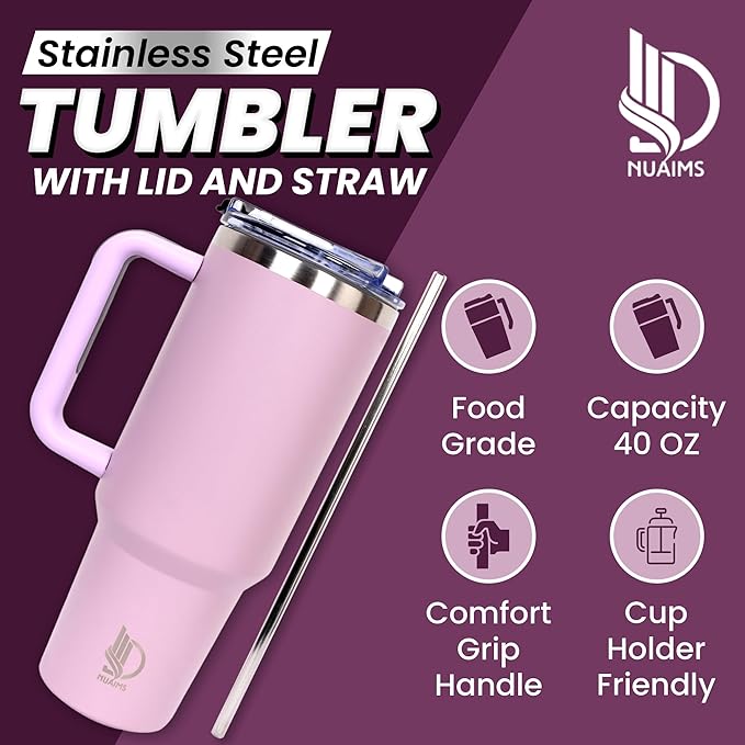 40oz Insulated Tumbler with Handle, Leakproof Straw Lid & Carry Handle - Double Wall Vacuum Insulation Keeps Ice 24 Hours, BPA Free Stainless Steel Water Bottle (Grayish)