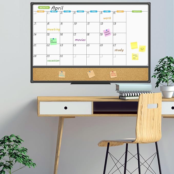JILoffice Magnetic Calendar Whiteboard & Bulletin Corkboard Combination, Combo Board 36 x 24 Inch, Black Aluminum Frame Wall Mounted Board for Office Home and School with 10 Push Pins