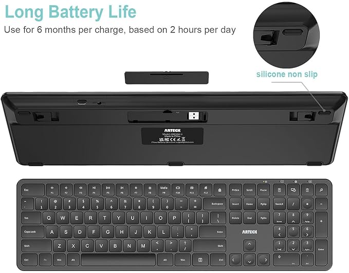 Arteck 2.4G USB Wireless Keyboard Ultra Slim Full Size Keyboard with Numeric Keypad and Media Hotkey for Computer/Desktop/PC/Laptop/Surface/Smart TV and Windows 11/10