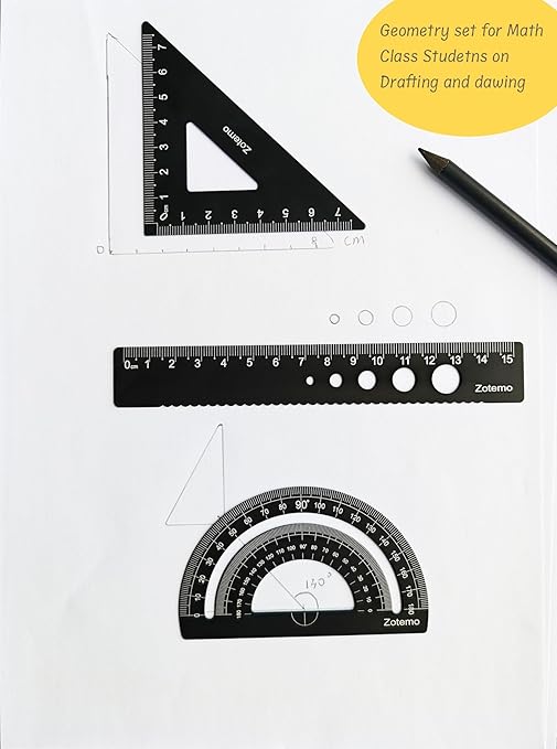 Zotemo Metal Geometry Set, 5-Piece Aluminum Ruler, Math Drafting Ruler Kit Includes Protractor, Triangle Rulers, Straight Rulers-Math Measurement Tools for School and Office Supplies (Black)